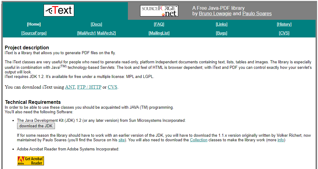 iText website in 2002